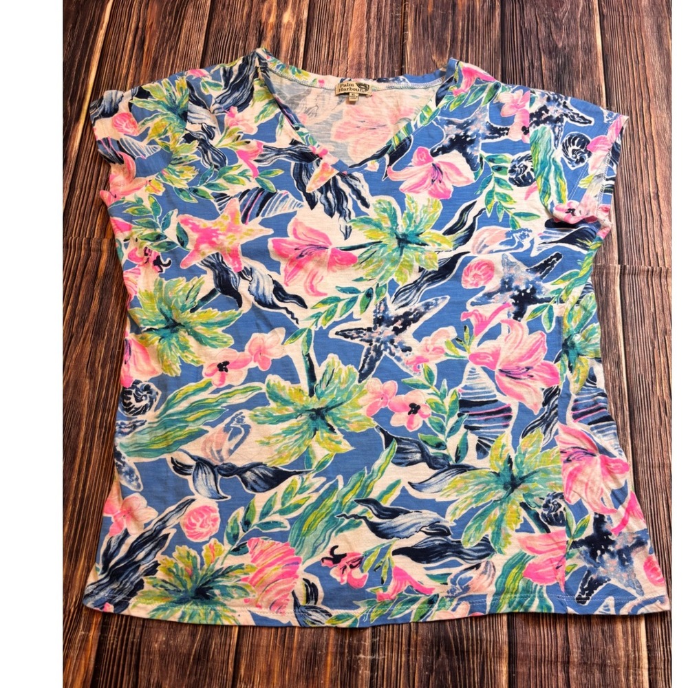 Palm Harbour T-Shirt Womens XL Blue Pink Tropical Starfish Floral Cotton V-Neck